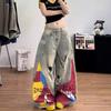 American Painted Alphabet Jeans Women's Autumn New Side Big Pocket Ripped Design Scimitar Wide-leg Pants