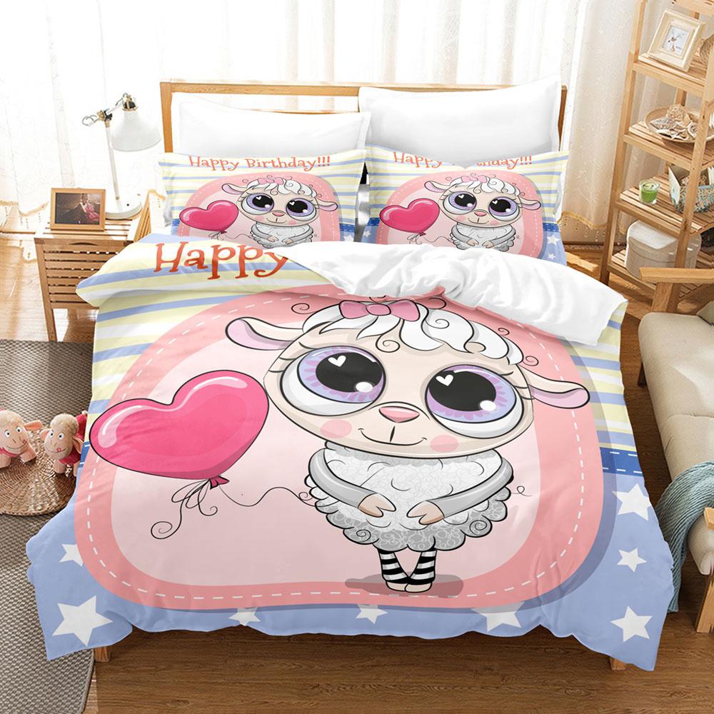 Cartoon Sheep Duvet Cover Set Cute White Sheep Flowers Pattern King Queen Full Size For Kids Boy Girl Gift Polyester Bedding Set
