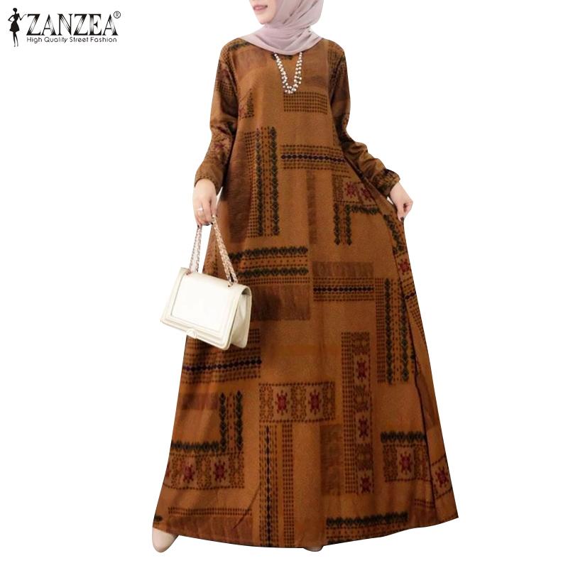 ZANZEA Women Retro Print Loose Casual Round Neck Long Sleeve Dress