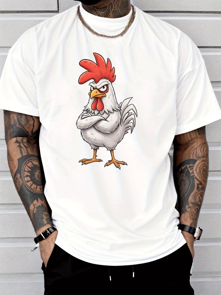 Unisex Summer Red Short Sleeve Tee Cool Cross Arm Rooster Cartoon Print Loose Hip Hop Crew Neck Daily Streetwear Casual Fashion Top