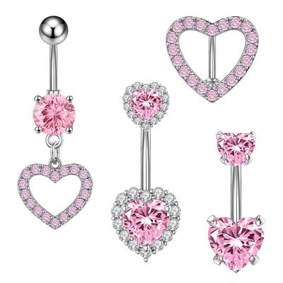 Juego de 4 Piezas/set de Anillo para Pezón y Anillo para Ombligo 14G Acero Inoxidable Corazón Rosa Brillante CZ Barra Barra Barra para Pezón Ombligo Joyería Corporal