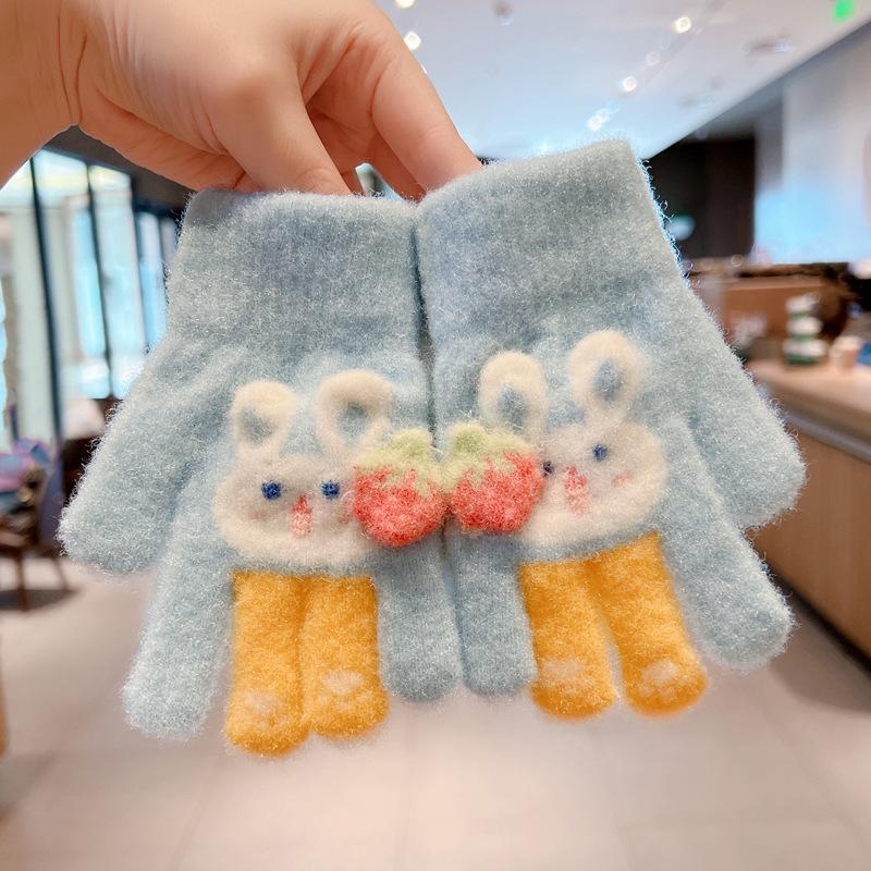 Children's Gloves Autumn and Winter Men's and Women's Plush Thickened Warm Finger Children's Color Cartoon Rabbit Outdoor Play