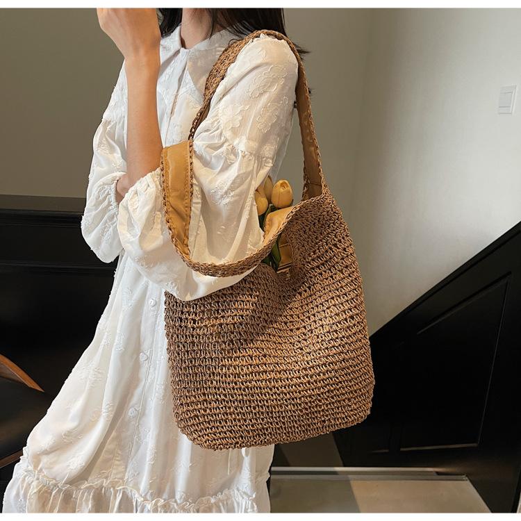 Lässige Urlaubs-Stroh-Webtasche Leichte Einfarbige Schulter Damenhandtasche Große Kapazität Stroh-Webtasche