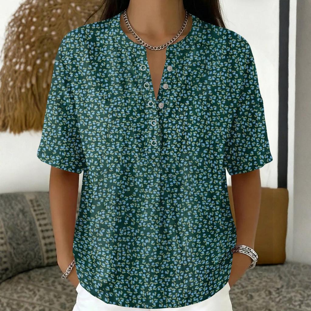 Women Fashion Floral Print V Neck Blouse Short Sleeve Pullover Top Lightweight Casual Shirt