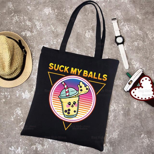 Boba Milk Tea Canvas Black Shopping Cartoon Cute Tote Bag Reusable Shoulder Bubble Tea Cloth Book Bag Gift Handbag