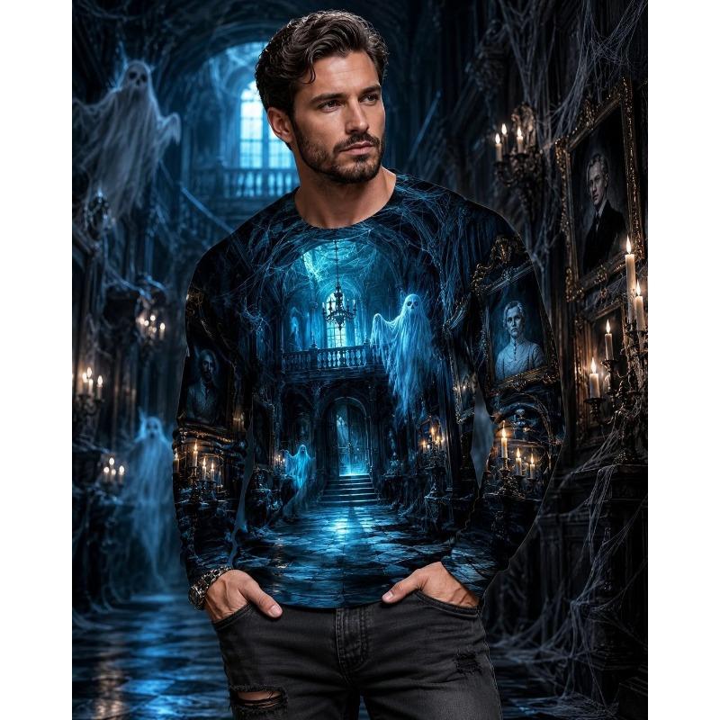 Autumn and Winter Men's 3D Printed Crew Neck Long Sleeve T-Shirt Halloween Dress Up