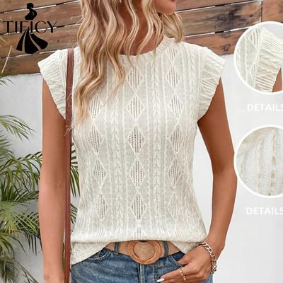 Blusas y camisas de manga corta con cuello redondo y estampado de Color sólido para mujer, informales, a la moda, verano y primavera