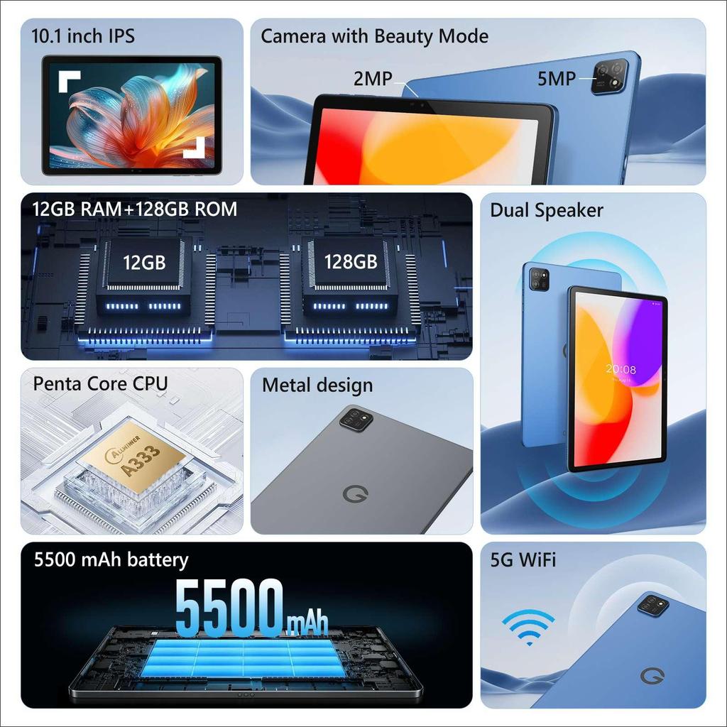G-tab T9 PRO 10.1" Android Multi-functional tablet,5500mAh battery,4GB RAM+128GB storage,1.8GHz Quad-core Processor,high-speed 2.4G/5G Dual-band WiFi.