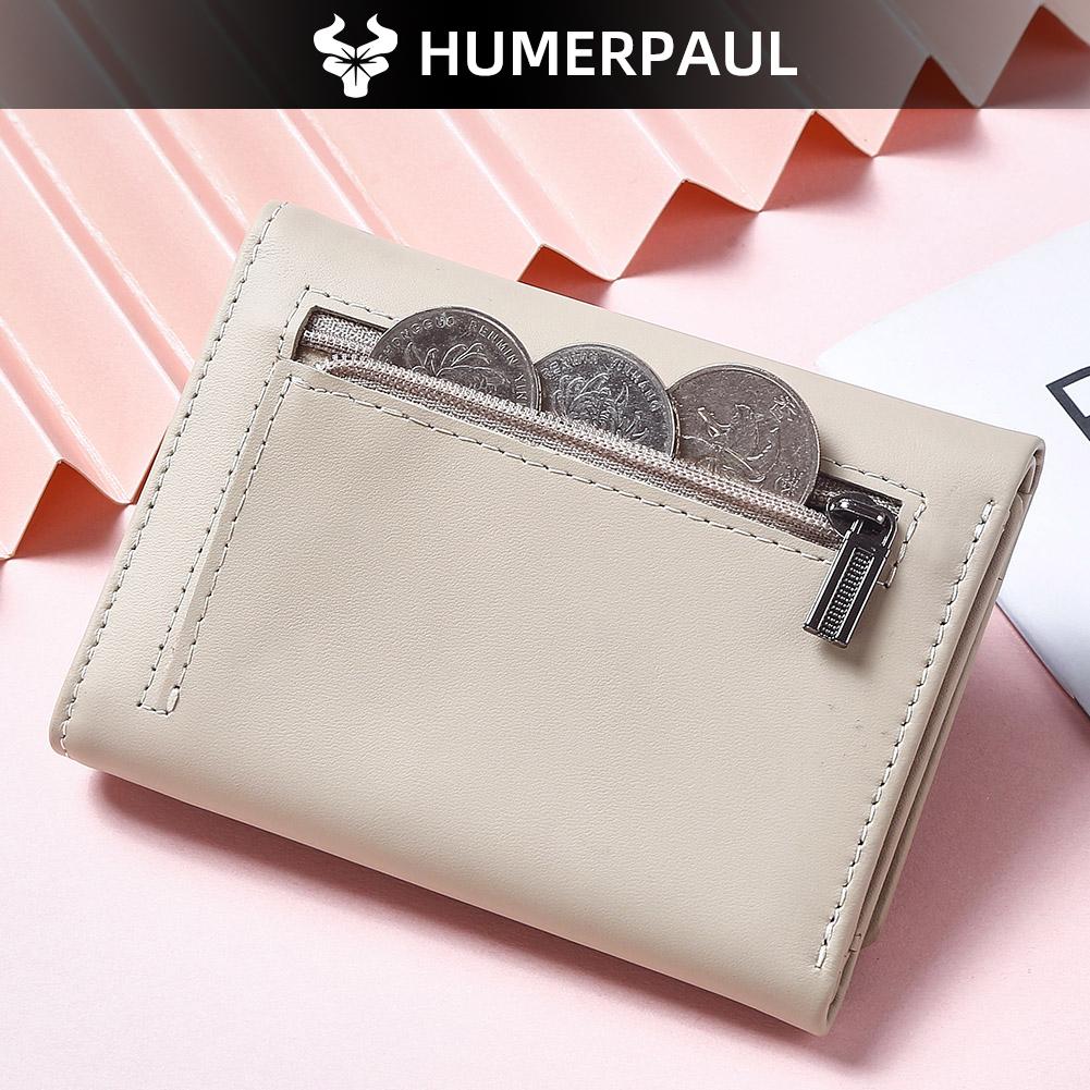 Humerpaul Ladies First Layer Cowhide Three-folding Wallet RFID Anti-theft Brush Portable Wallet Multi-card Slot Large-capacity Multi-compartment