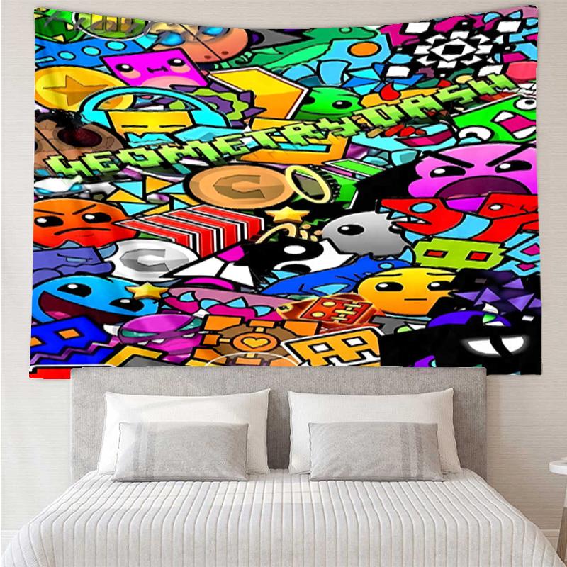 Geometry Dash Tapestry for Bedroom Aesthetic Classroom Tapestries Wall Hanging for Living Room Dorm Office,Ideal Creative Gift