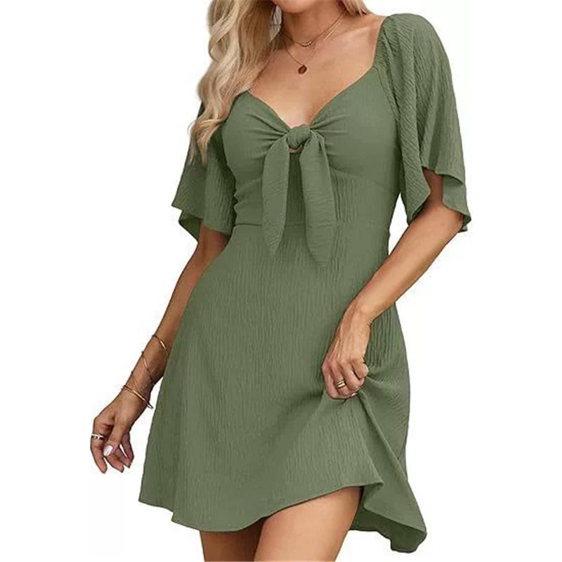 European And American Style Ladies V-neck Bow Tie Short-sleeved Mini Dress Solid Color Waist Loose Casual Long Skirt