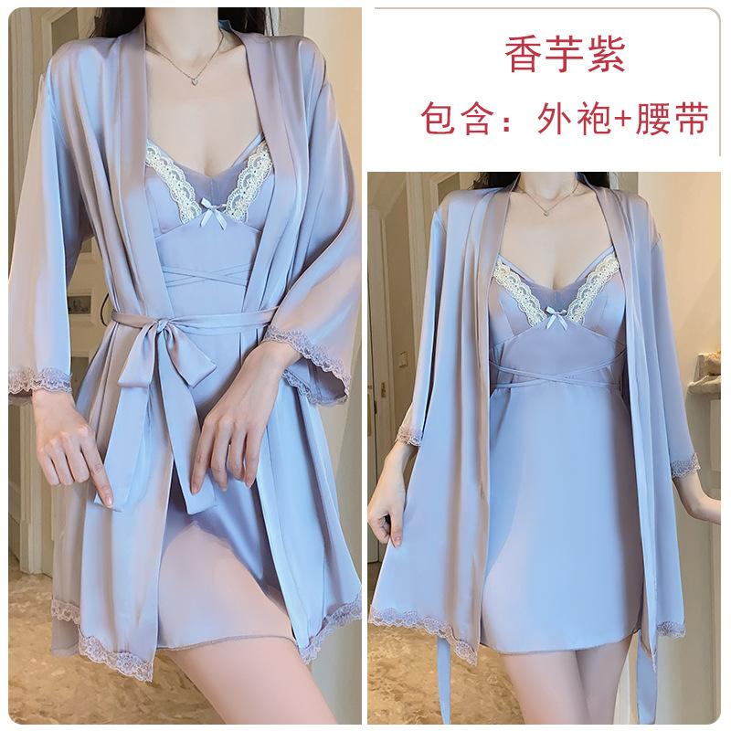Women's Silky Comfy Padded Tie Sleep Dress with Robe Lounge Set