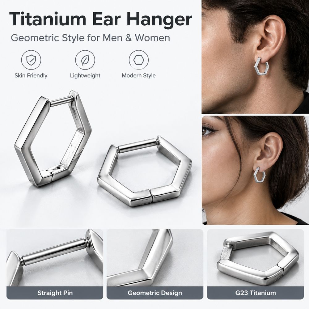 Straight Pin Hexagon Ear Hanger G23 Titanium Earrings New Stud earrings Women