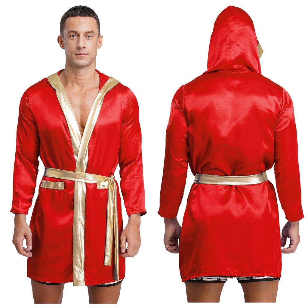 Mens Satin Hooded Cloak Shiny Trim Open Front Belt Boxing Robe