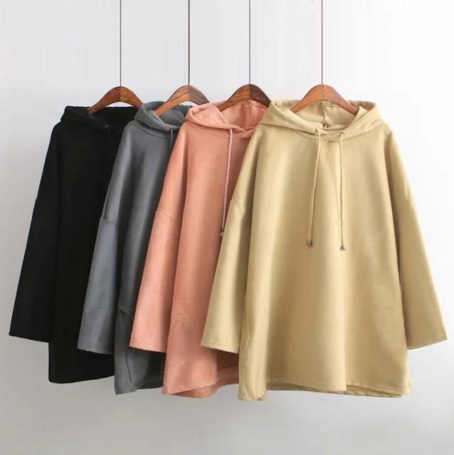 Women Long Sleeve Hooded V Neck Loose Pullovers Female Tops Solid Color Sweatshirts