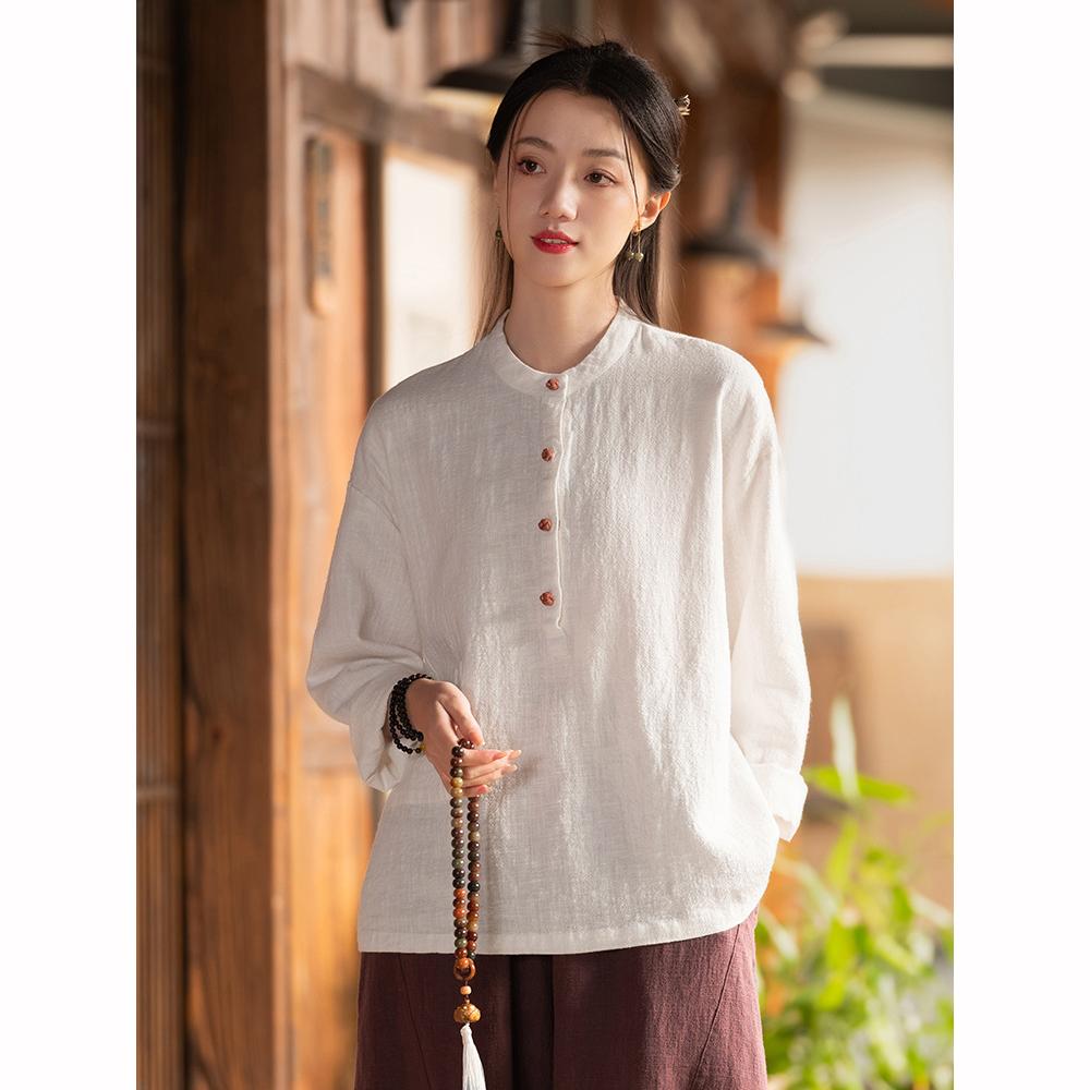 Cotton Linen Women's Chinese Style Stand Up Collar Button Long Sleeved Women's Shirt T-shirt
