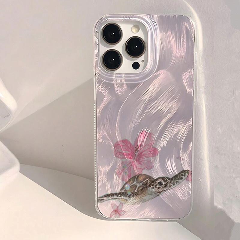 Summer Cool Turtle Pattern Phone Case for iPhone 16 16e 15 14 13 12 11 Pro Max  8 7 Plus Chiffon Texture Back Cover