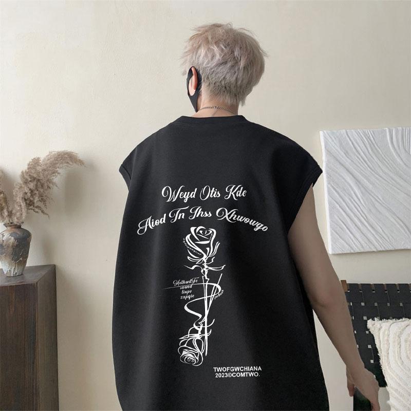 

Повседневные майки с принтом розы, летний молодежный стиль, без рукавов, свободные футболки, мужская одежда, американский ретро, круглый вырез, модные пуловеры XXXL чёрный