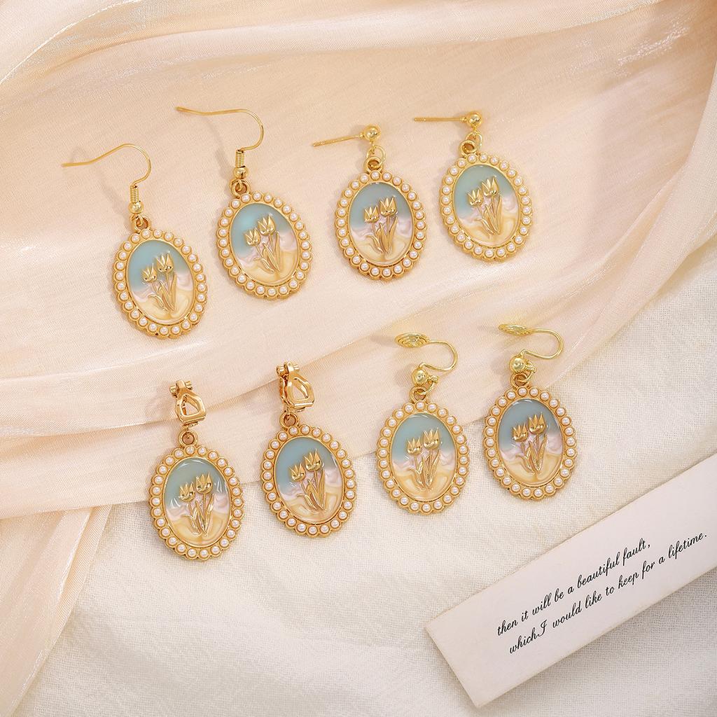 French Oil Painting Tulip Pearl Ear Hook Earclip Earrings, Medieval High-End Vintage Temperament Earrings Women