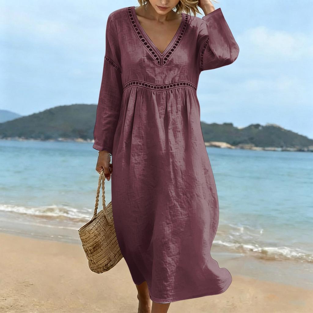 Fashionable Lady's V-neck Mid-length Casual Long-sleeved Dress