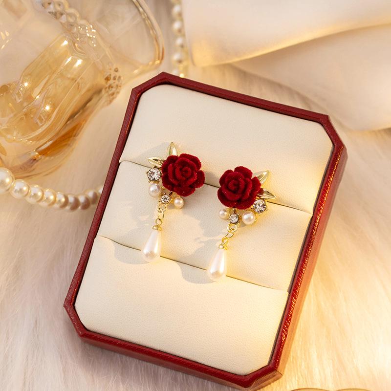 Silbernadel Herbst/Winter Rote Schleife Perle & Rose Kette Ohrringe