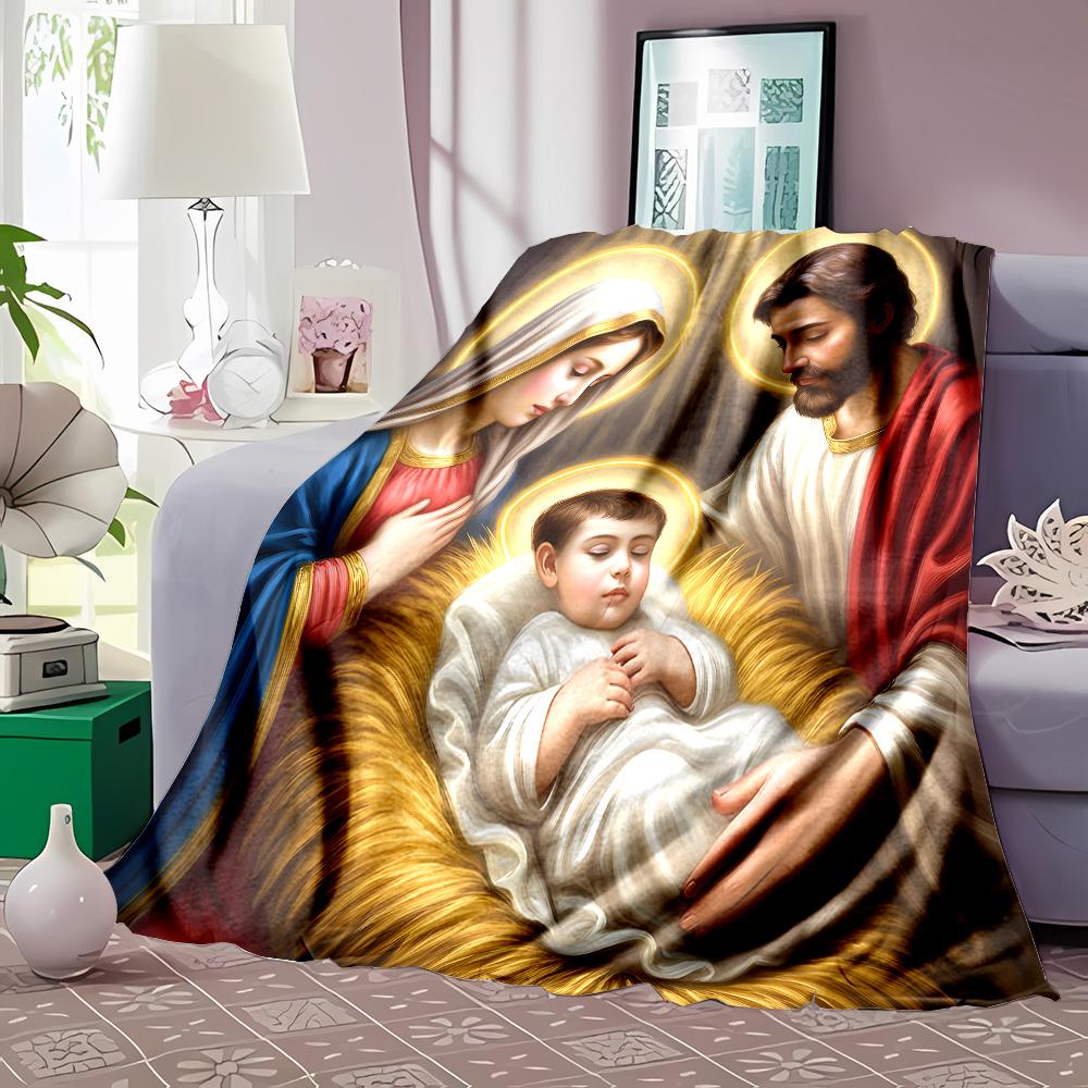 1PC Holy family with halos Faith-printed Flannel Blanket Soft and Warm Suitable for Home Travel Picnics Camping and RV Use