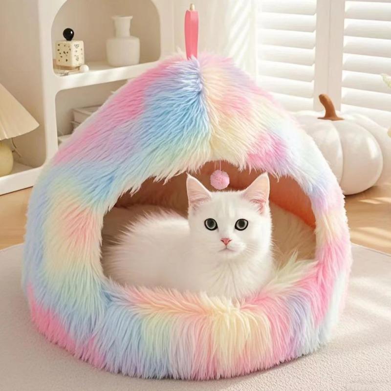 BSemi-enclosed Cat House with Ball Toy Portable Dog Bed For Small Dog Anti-slip Sleeping Cat Bed Plush Dog House Cat Accessories