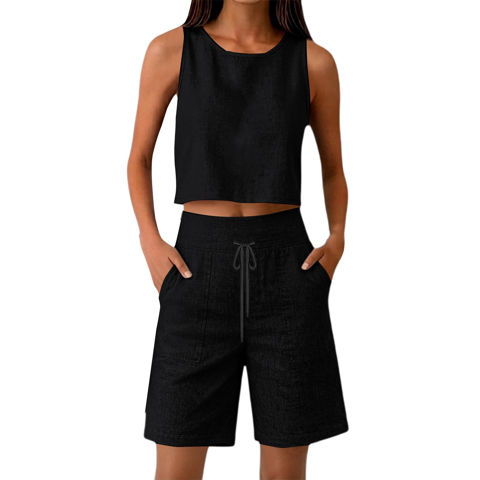 

Women s Fashion Sleeveless Top And Wide-Leg Cropped Pants Cotton-Linen Set L чорний