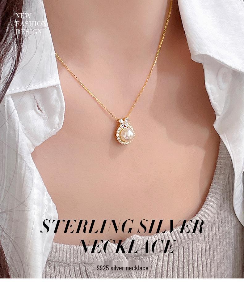 Banyan Tree S925 Silver Princess Bow Necklace with Chalcedony, Pearl & Diamond Accents