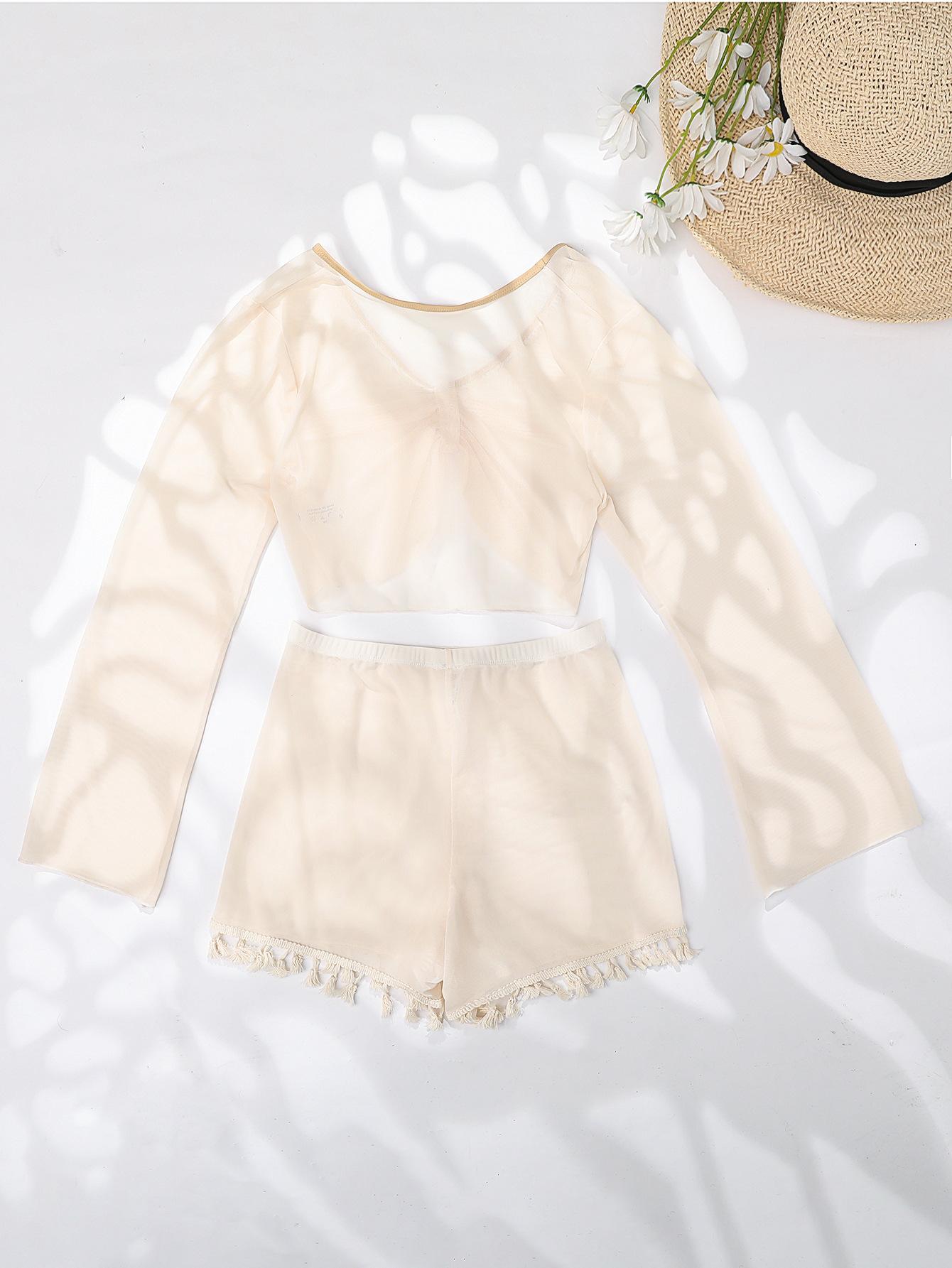 

Женская черная сетчатая блузка с длинными рукавами и шорты с бахромой, сексуальный купальник из двух частей S абрикосовый