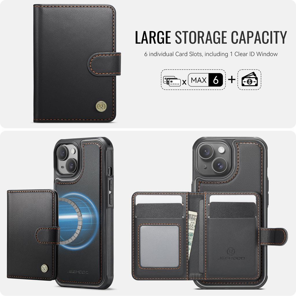 For iPhone 15 Case JEEHOOD J09 RFID Blocking Card Holder Leather Back Phone Cover Compatible with MagSafe