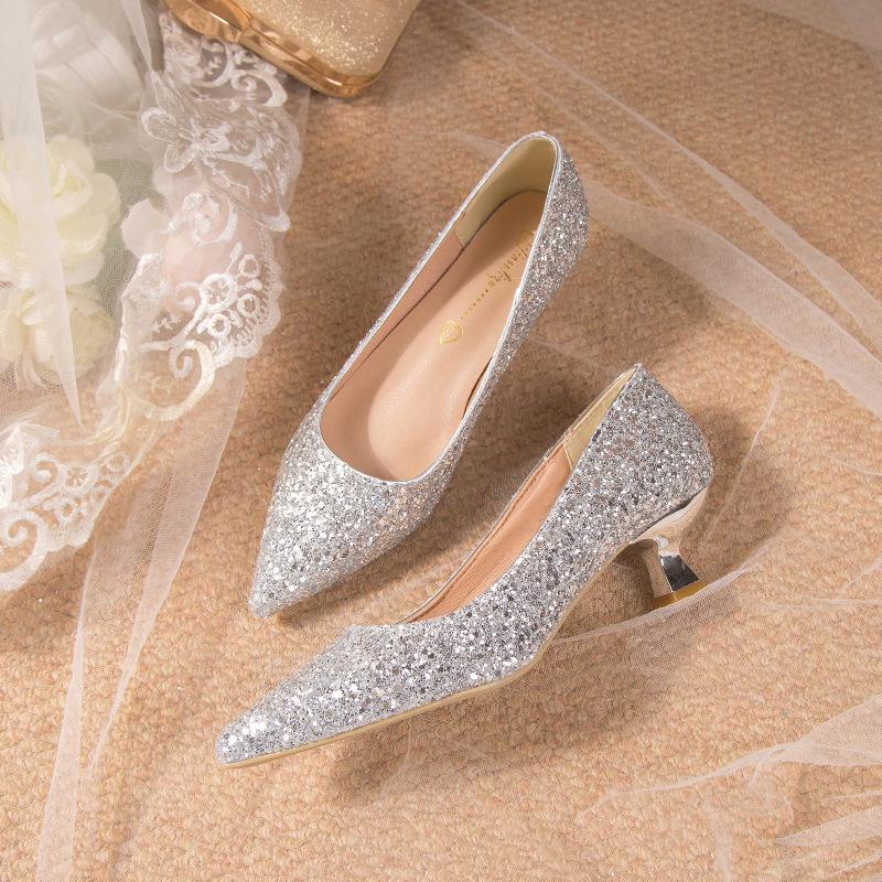 Crystal Wedding Shoes  Years Old New Golden Show Main Wedding Dress Two Wear Bridesmaid High Heels Bride Shoes Are Not Tired