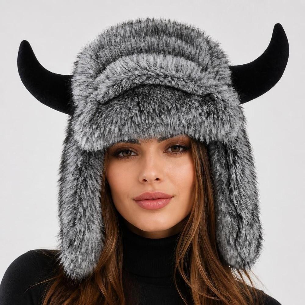 Thick Horn Hat Faux Fur Lined Winter Ski Hat Soft Ear Protection Hat Men