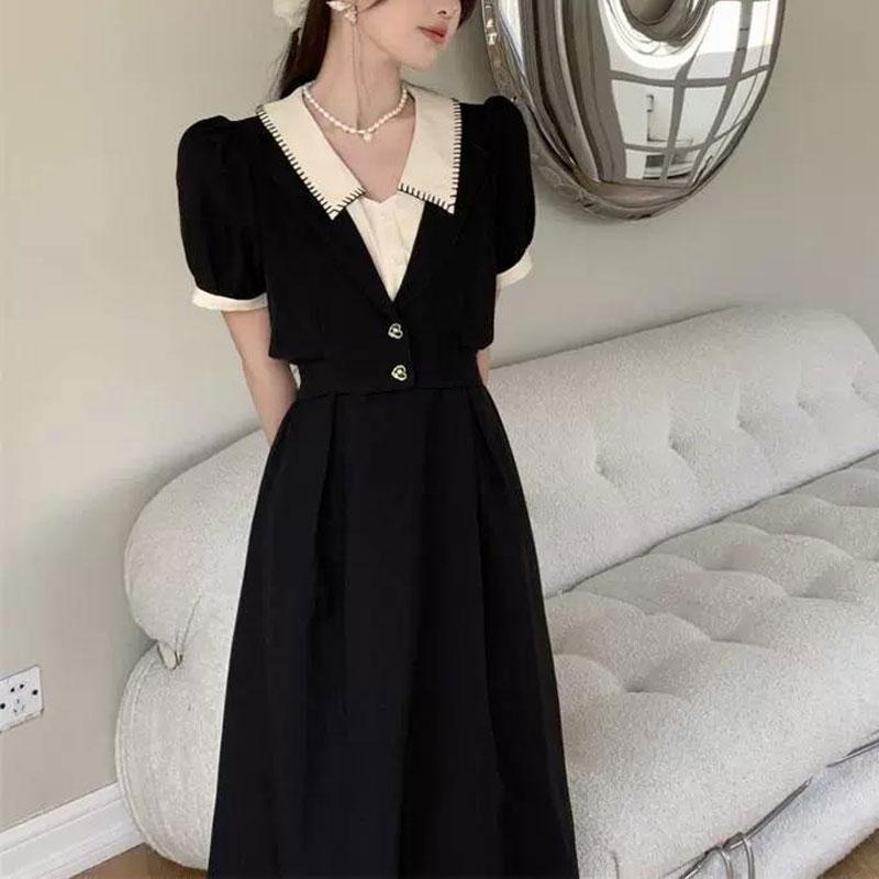 Women's Summer New Fashion Fake Two-piece Short-sleeved Dress Design Midi Skirt