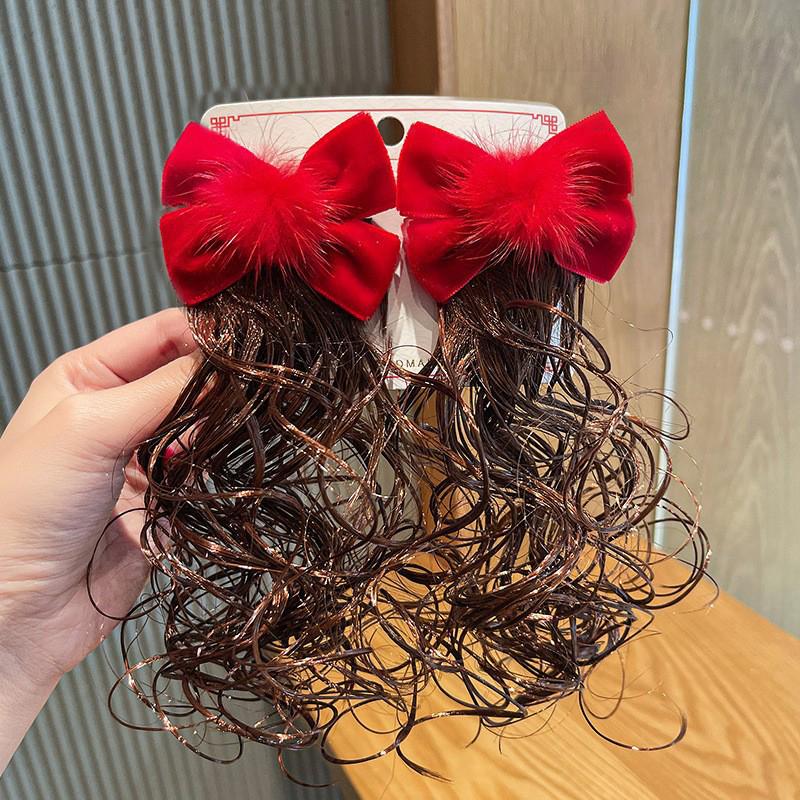 

Kids Girl Wig Hair Clip Red New Year Headwear Plush Ball Bow Barrettes Children Hairpins No Harm Baby Headpiece Accessoriess
