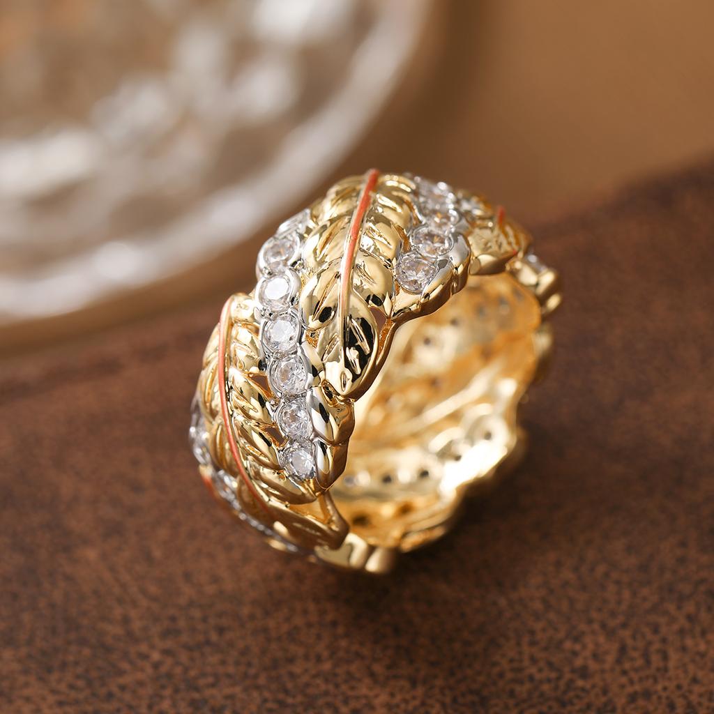 Retro Luxury Wheat Synthetic Zircon Ring Copper Material Women Jewelry Ring For Banquet Matching