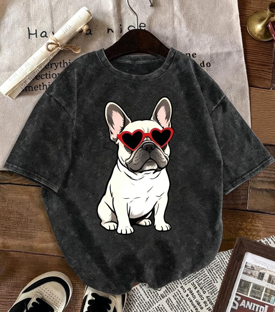 Cool Dalmatian with Sunglasses TShirt Washed Cotton Funny Dog Graphic Tee Quirky Animal Print Top Fashionable Streetwear
