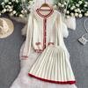Autumn Spring Women College Style Knitted Sweater Two Piece Set Full Sleeve Twist Cardigans and Mini Pleated Skirt Outfits