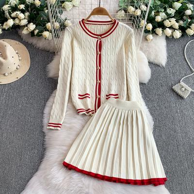 Autumn Spring Women College Style Knitted Sweater Two Piece Set Full Sleeve Twist Cardigans and Mini Pleated Skirt Outfits