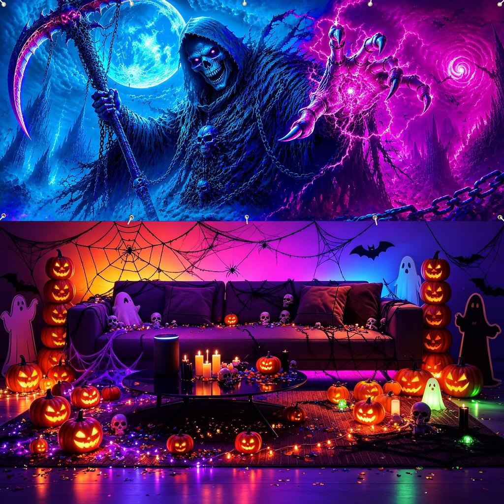 480. Blacklight Halloween Garage Door Banner Cover 7x16ft, UV Reactive Glowing Gri...