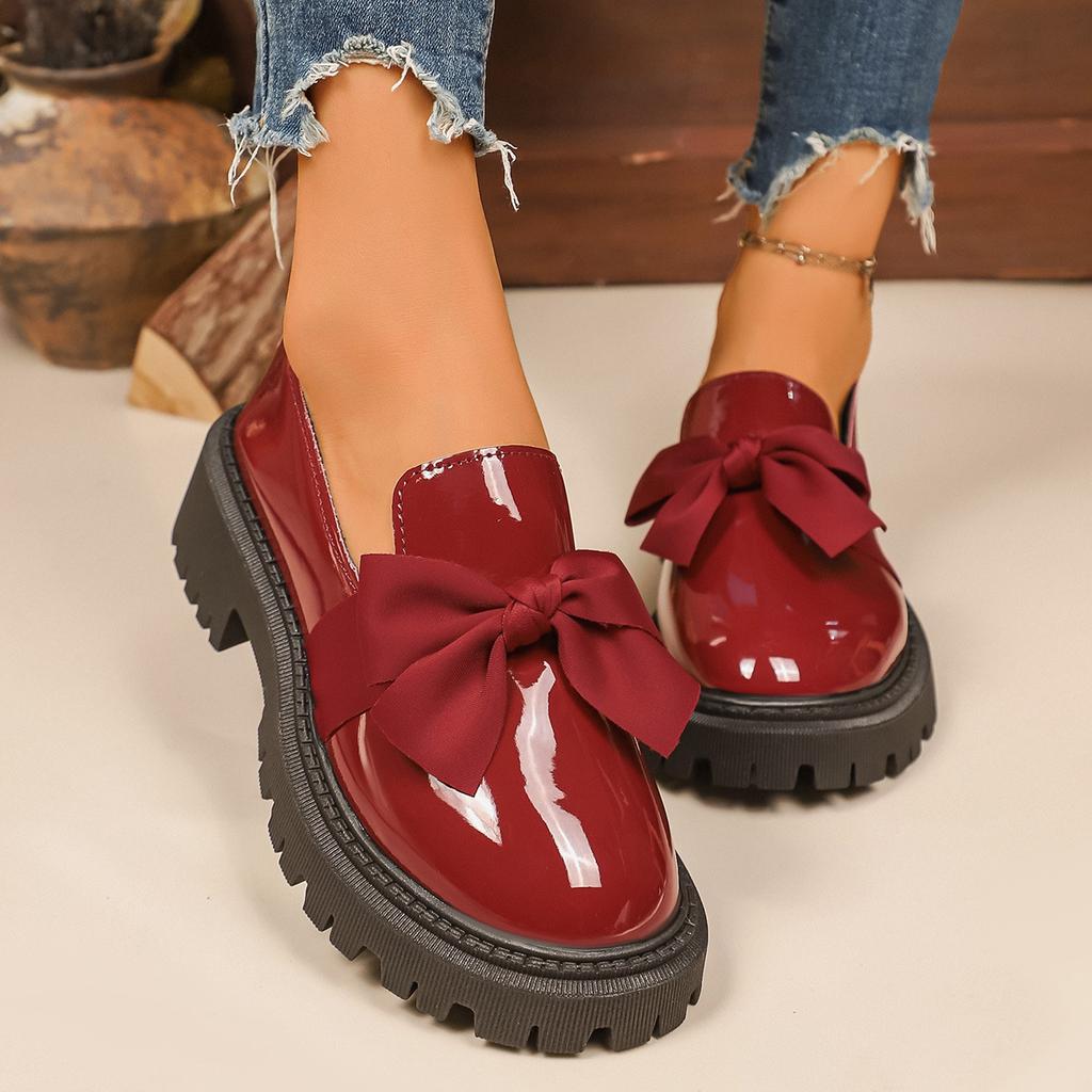 New Plus Size Bow Platform Loafers - Women’s Low Top Slip-On British Style Leather Shoes