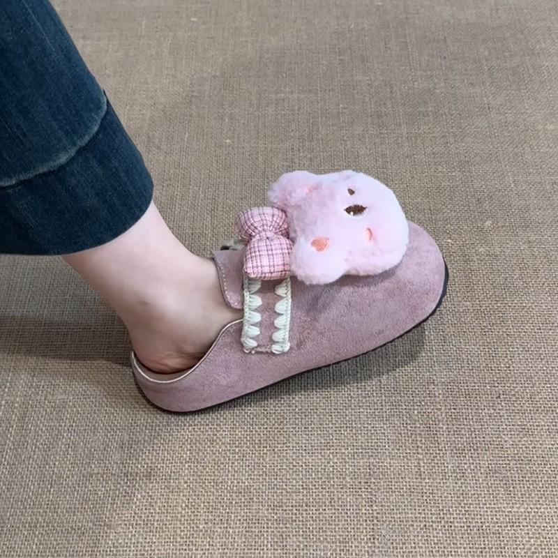 Suède Meisjes Hart Strik Beer Baotou Schoenen Dames 2025 Herfst Schattig Cartoon Mori Retro Veelzijdige Pantoffels