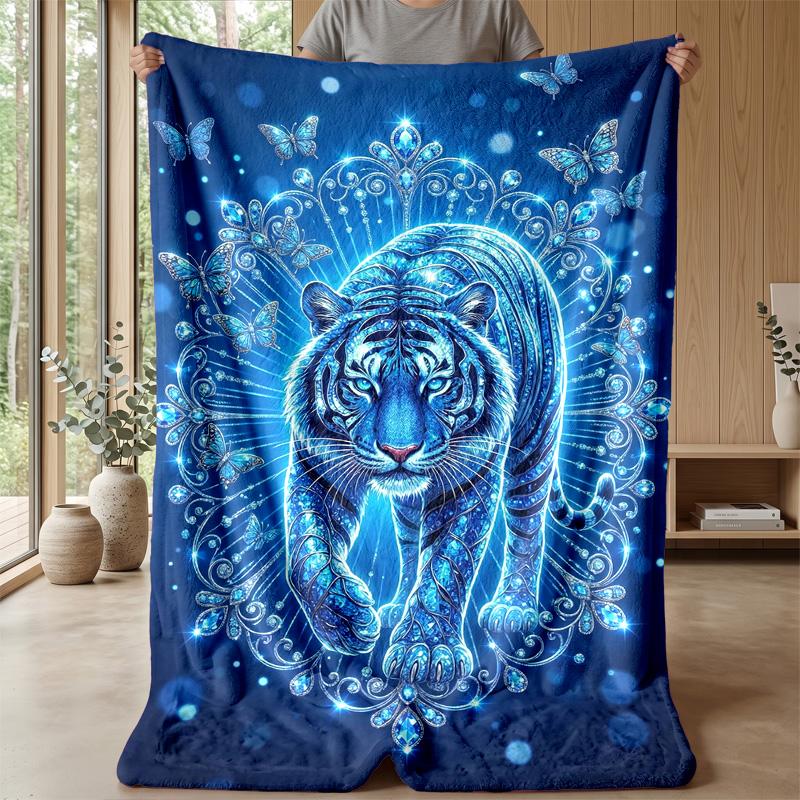Blue Tiger Fantasy Blanket Personalized Name Flannel Blanket Soft Cozy Plush Throw for Sofa Bed Lightweight Home Decor