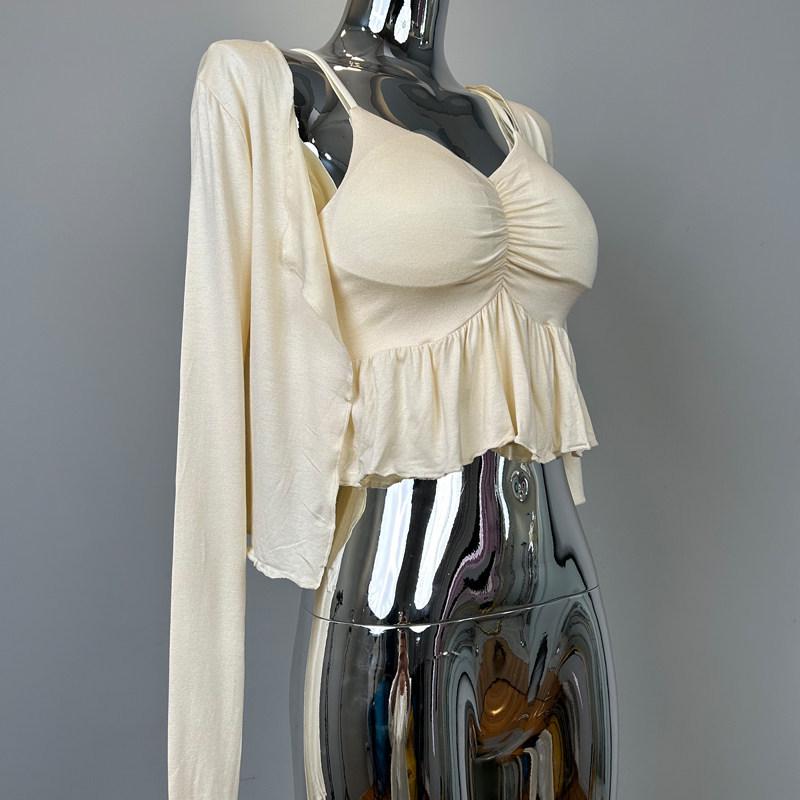 

Korean Dongdaemun Chic Set: Pleated Strap Top with Padded Bra & Short Cardigan One Size