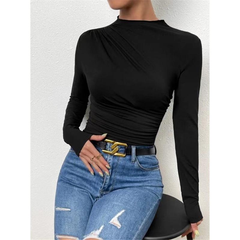 Fashion Long Sleeved Pleated Slim Fit Women T-shirt Solid Color Elegant Half Turtleneck Slim-fit Bottoming Tees Shirt Female Solid Color Basic Tops
