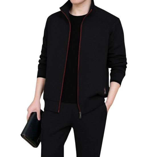 1 Set Jacket Pants Set Solid Color Zipper Autumn Winter Ribbed Cuff Coat Drawstring Pants for Daily Wear