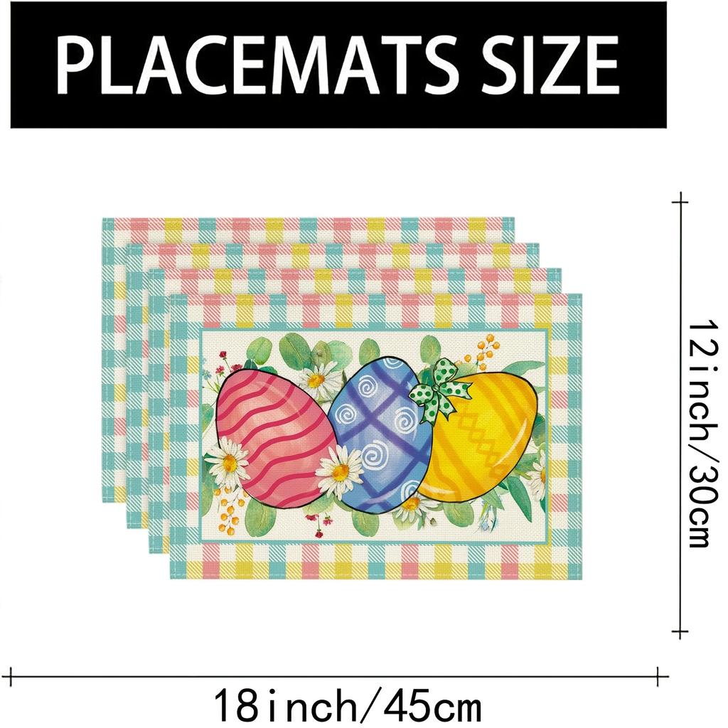 4pcs Buffalo Check Easter Placemats, Featuring Rabbits, Daisies, and Carrots, Perfect for Party, Kitchen, and Dining Room Decor