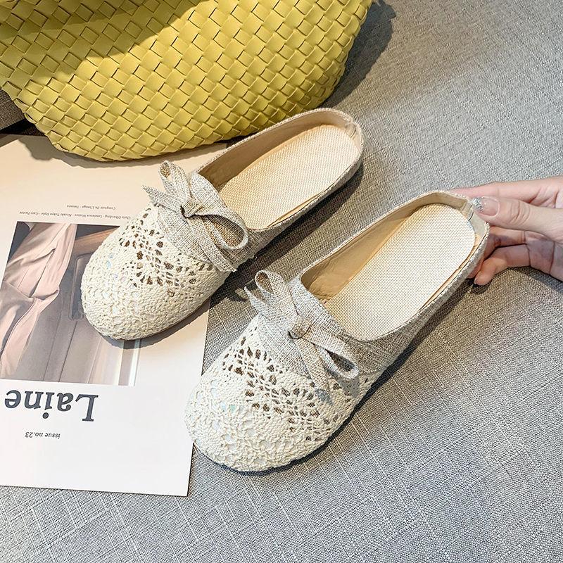 Fashion Half Slippers Female New Summer All-match Wear Mesh Breathable Non-slip Linen Cotton Head Cool Girl Hollow Flat Slides Shoes