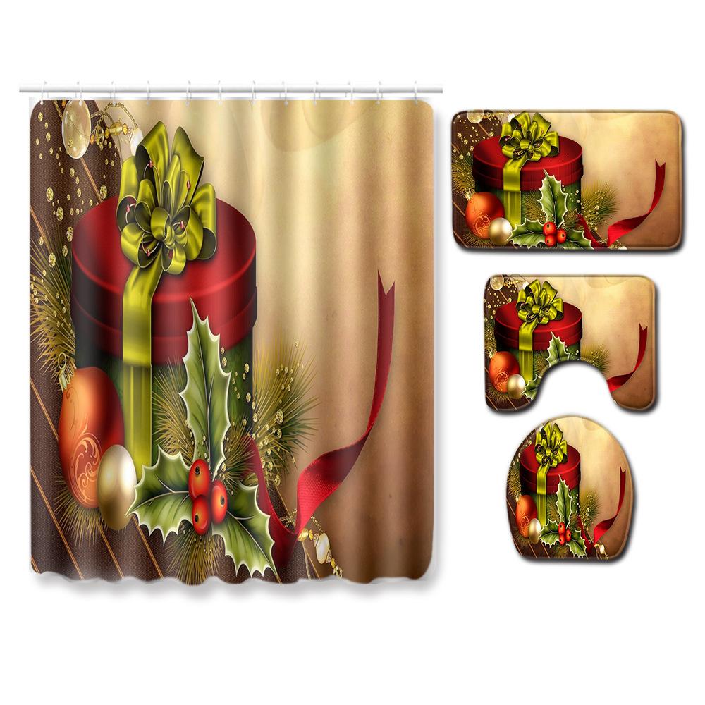 Christmas Home Door Mat Bathroom Toilet Shower Curtain Four-Piece Floor Mat Bedroom Absorbent Carpet
