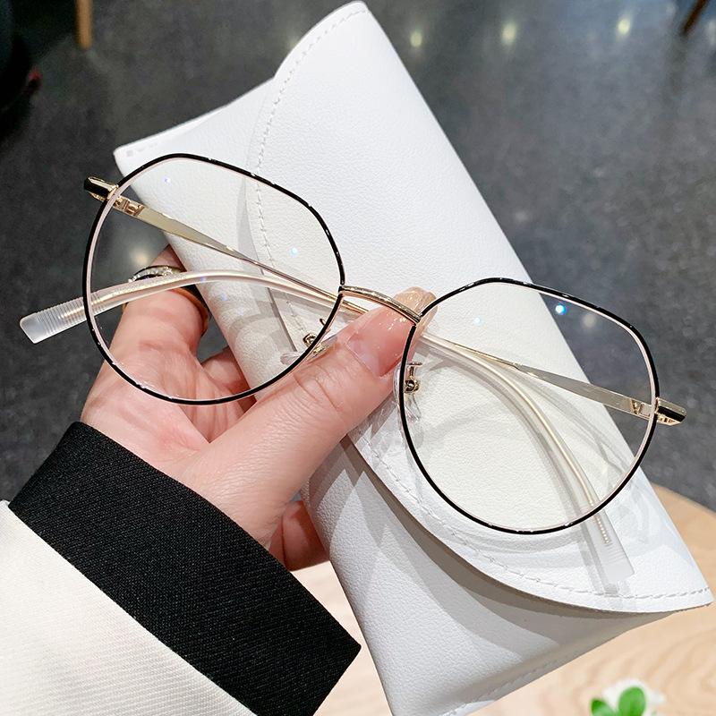 Large Face Thin Myopia Glasses Women Can Be Equipped With Degree Anti-Blue Light Round Face Plain Gold Silk Glasses Frame Frame